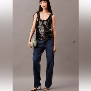 Calvin Klein black Sequin Tank Top with Eyelash Fringe, Medium or M